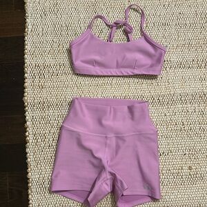 Alo Yoga lilac sports bra & biker shorts set